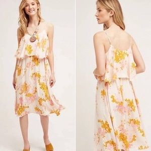 Anthro Paper Crown Magnolia Tank Dress Blouson A-Line Cream Pink Orange Medium